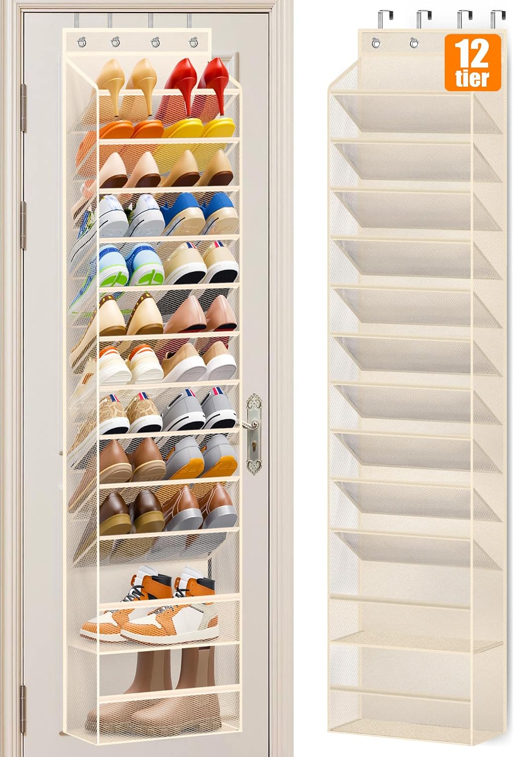 MISSLO 12 Tier Over the Door Shoe Organizer Breathable Mesh Hanging Shoe Rack for Closet Storage Shoe Holder for Door Fit 24 Pairs Sandals, Heels, Boots (Beige)