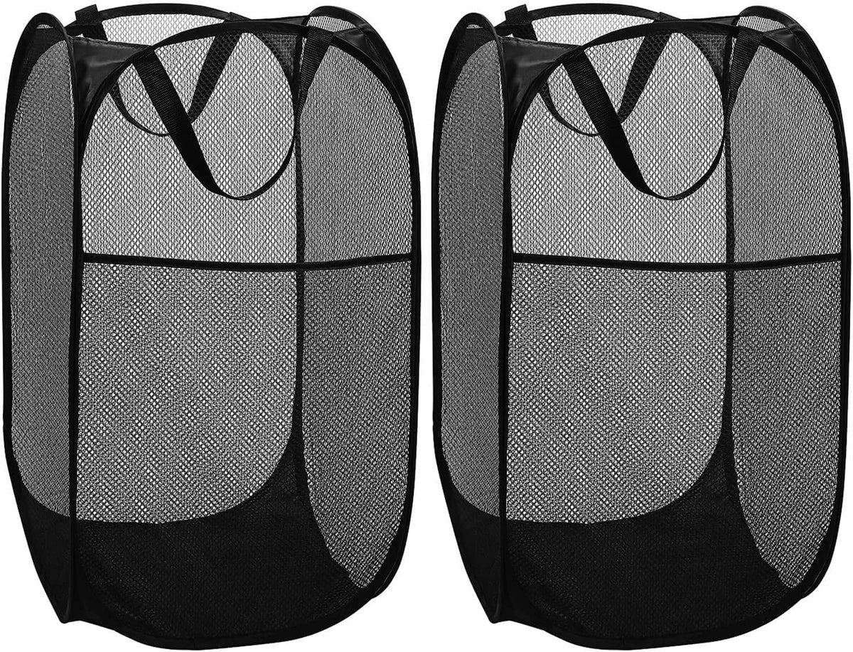 BATTOO Deluxe Strong Mesh Pop up Laundry Hamper Basket with Side Pocket for Laundry Room, Bathroom, Kids Room, College Dorm or Travel 2 Pack Black