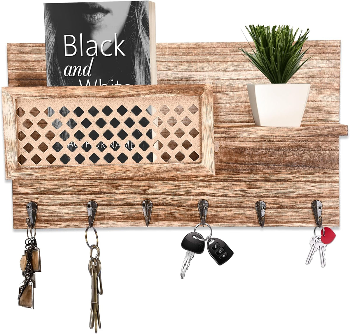 Wooden Key Holder Wall Mount - 9"x16"x2.5" - Brown - Hanging Mail Sorter and Key Holder for Wall - Hallway Hanger Shelf with Coat Hooks - Decorative Organizer Rack