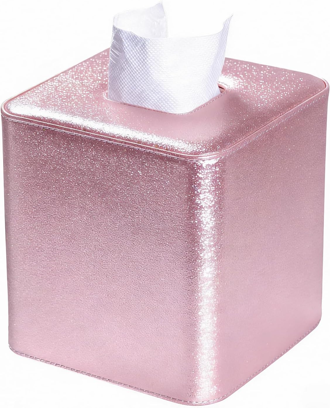 GORESE PU Leather Tissue Box Cover Square, Decorative Tissue Box Holder for Kleenexs, Tissue Cover for Vanity, Bathroom, and Office, Elegant Shimmer Cube Tissue Box (Pink)