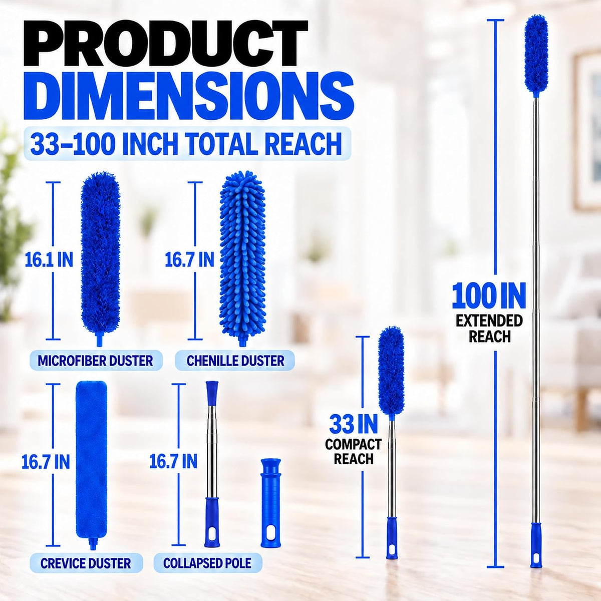 Bendable Microfiber Duster with Extension Pole, Up to 100-Inch Reach