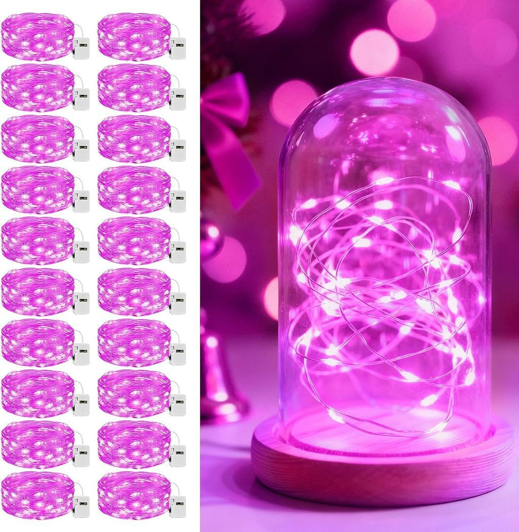 litogo 20 Pack 7FT 20 LED Fairy Lights Battery Operated, 3 Lighting Modes, Bulk Mini Twinkle String Lights Waterproof Silver Wire for Weddings Mason Jars Party Christmas Decorations-Pink