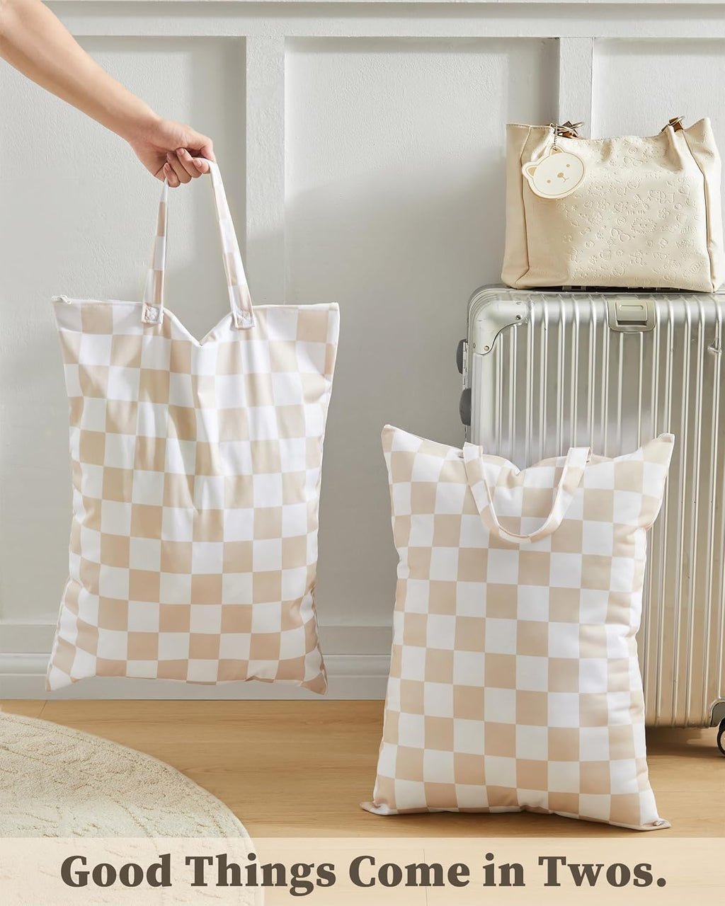 Ohocut Checkered 2 Pcs Large Travel Laundry Bags for Dirty Clothes, Aesthetic Trendy Waterproof Washable Laundry Bag with Handle for Travel, Gym, Swimming Pool, Beige
