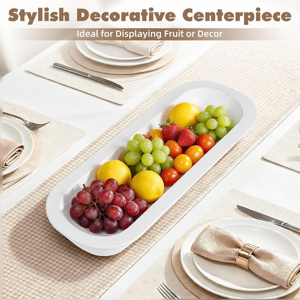 Long Wood Dough Bowl 15.7 x 5.67 x 1.9in Hand Carved Wooden Dough Bowls for Decor Wood Dough Bowls Decorative Wooden Dough Fruits Bowl for Table Centerpiece(white)