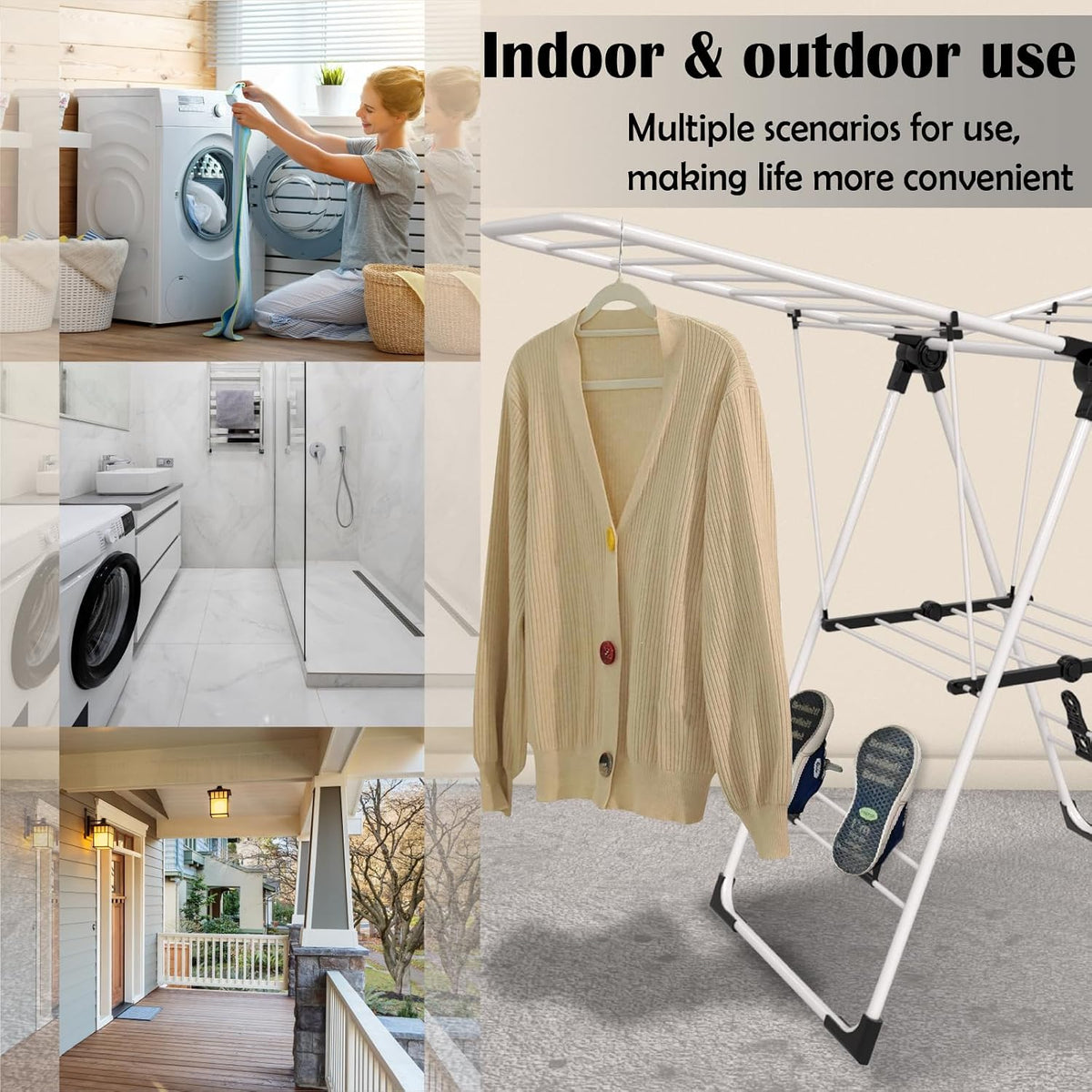 Maomo Foldable Clothes Drying Rack, Double-Sided Gullwing Laundry Drying Stand with Adjustable Wings, Tool-Free Setup, Space-Saving Steel Rack for Indoor Use, White