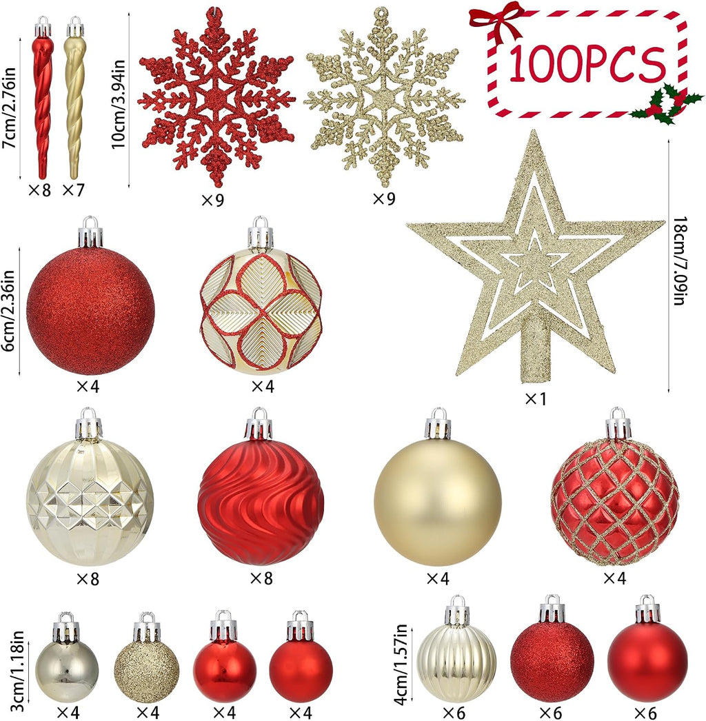 101Pcs Red and Gold Christmas Ball Ornaments Set with Topper, Assorted Shatterproof Christmas Tree Decoration Classic Theme Hanging Ornaments for Xmas Tree/Holiday/Party/Home Decor