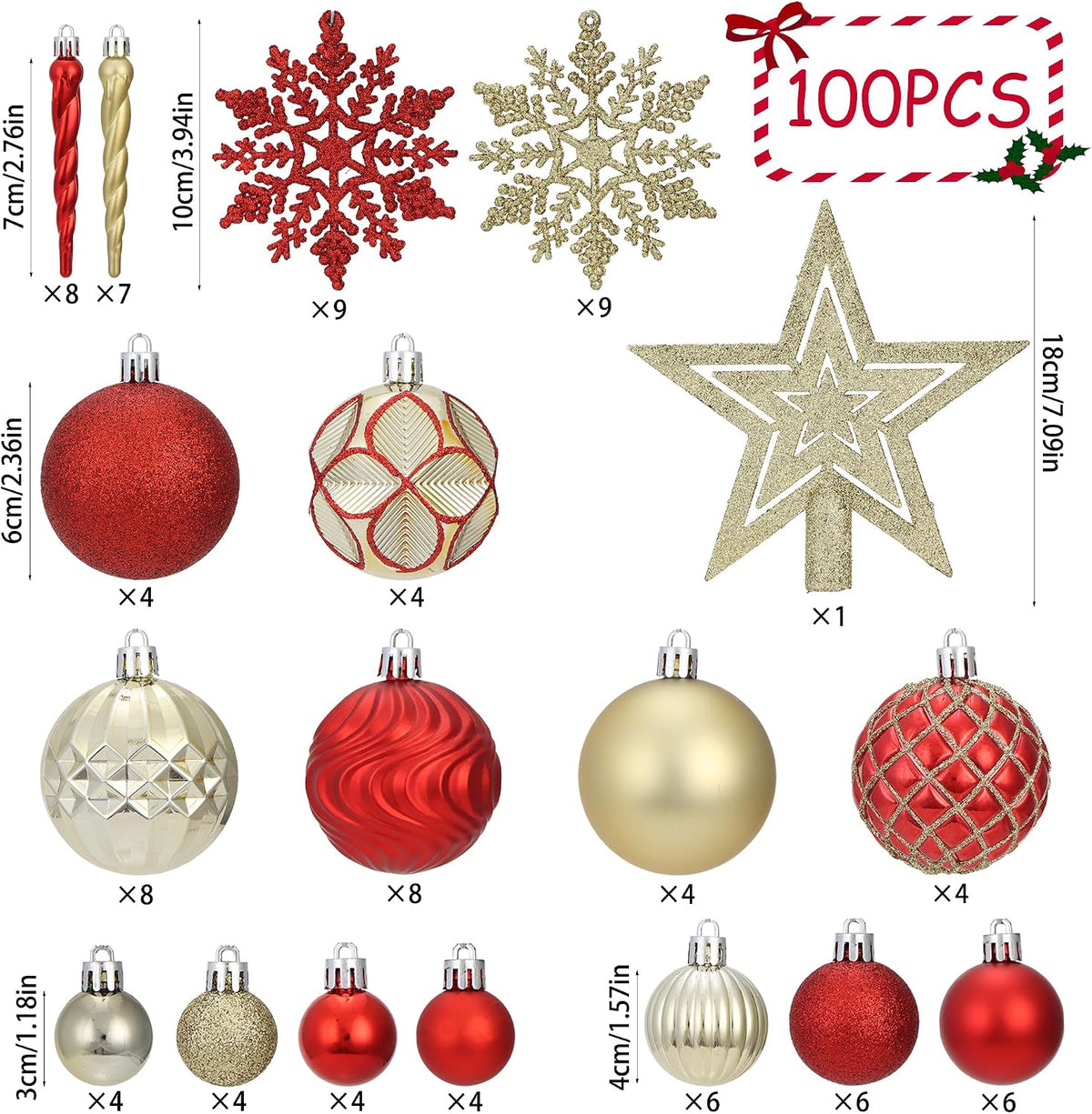 101Pcs Red and Gold Christmas Ball Ornaments Set with Topper, Assorted Shatterproof Christmas Tree Decoration Classic Theme Hanging Ornaments for Xmas Tree/Holiday/Party/Home Decor