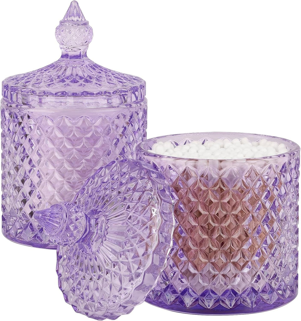 2 Pack Qtip Holder Apothecary Jars with Lid, Thick Glass, Purple