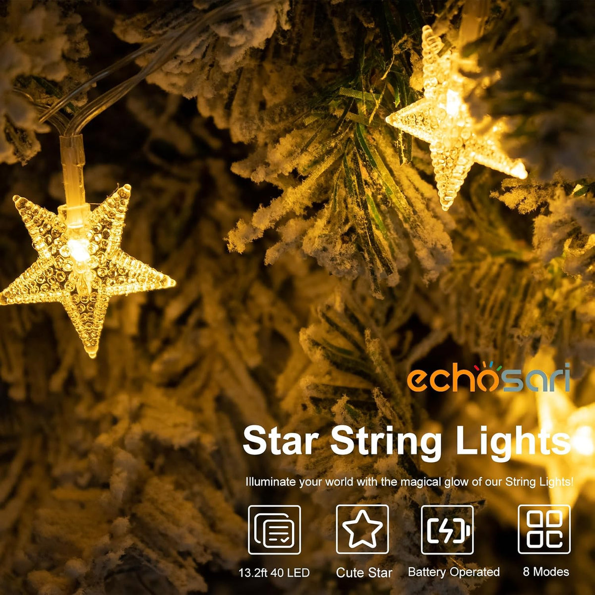 echosari 158IN Star String Lights Battery Operated Auto Timer Warm White