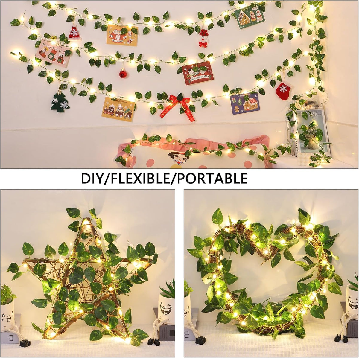 Vines with Lights Battery Operated, 6.56ft 20 LED Pothos with Fairy Lights, Leaf Lights with 8 Modes, Fake Vines Ivy String Lights for Bedroom, Wall, Room, Garden, Party Decor, 4 Pack