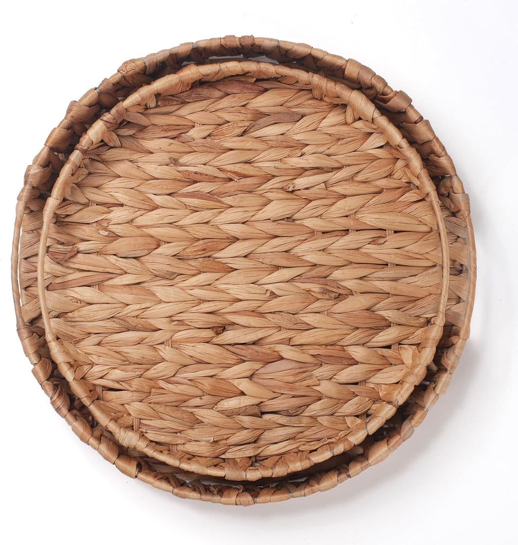 Round Serving Tray for Coffee Table Water Hyacinth Decorative Ottoman Tray with Handle Set of 2 (11.8inch + 13.4inch)