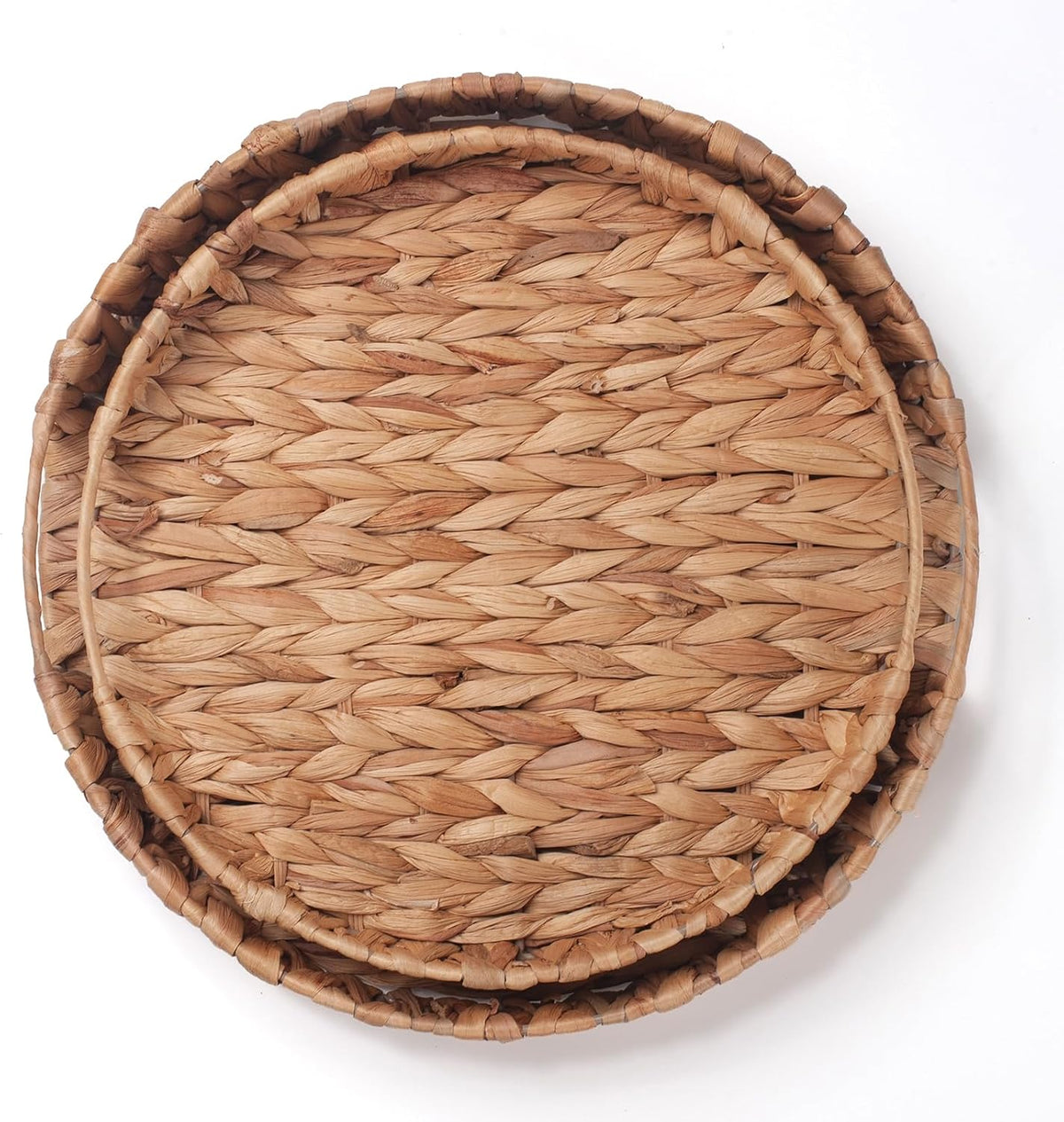 Round Serving Tray for Coffee Table Water Hyacinth Decorative Ottoman Tray with Handle Set of 2 (11.8inch + 13.4inch)