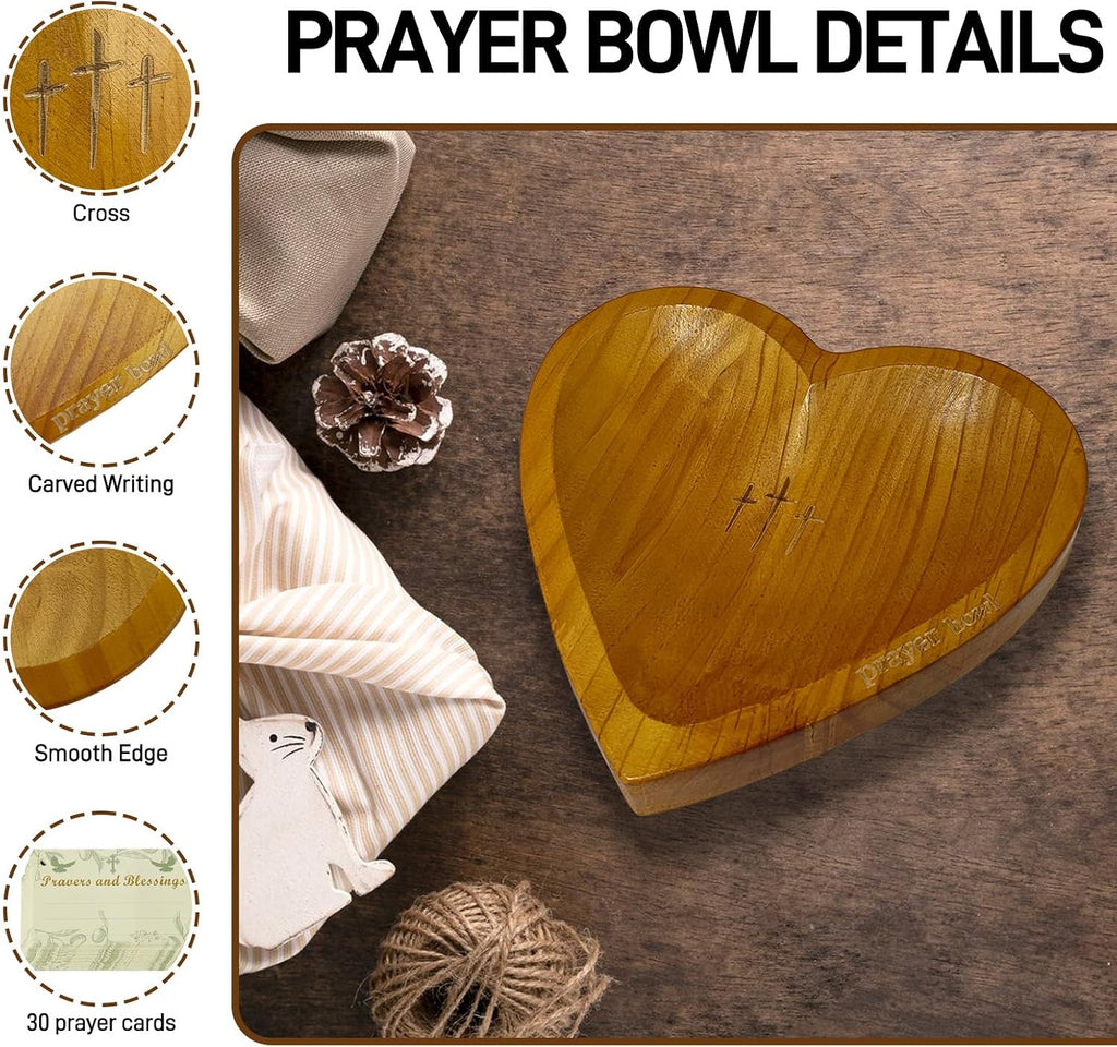 Wooden Heart Prayer Bowl with 30 Cards and Pencil, Christian Gift