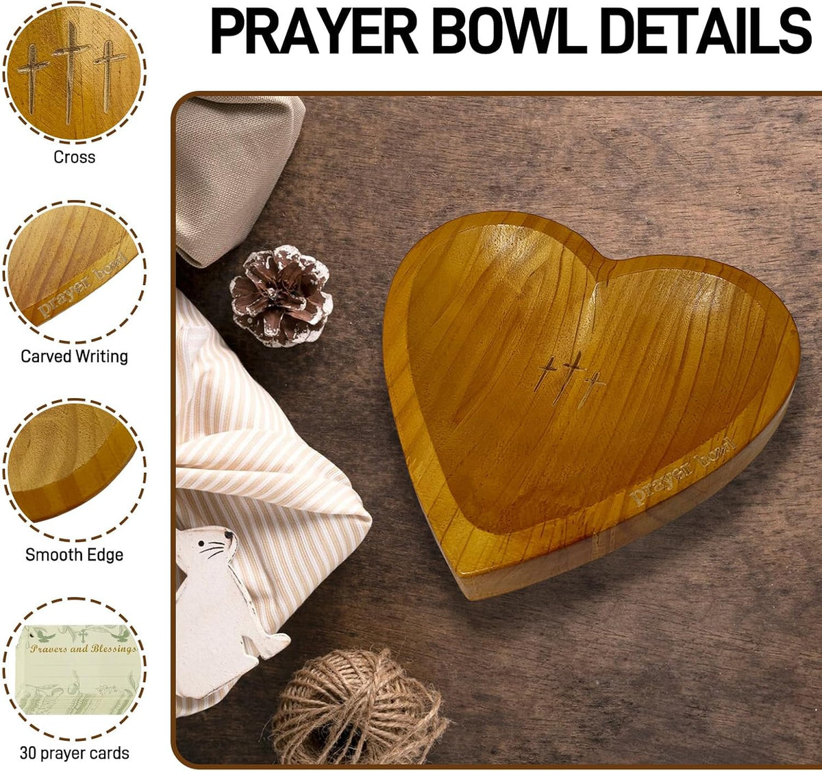 Wooden Heart Prayer Bowl with 30 Cards and Pencil, Christian Gift