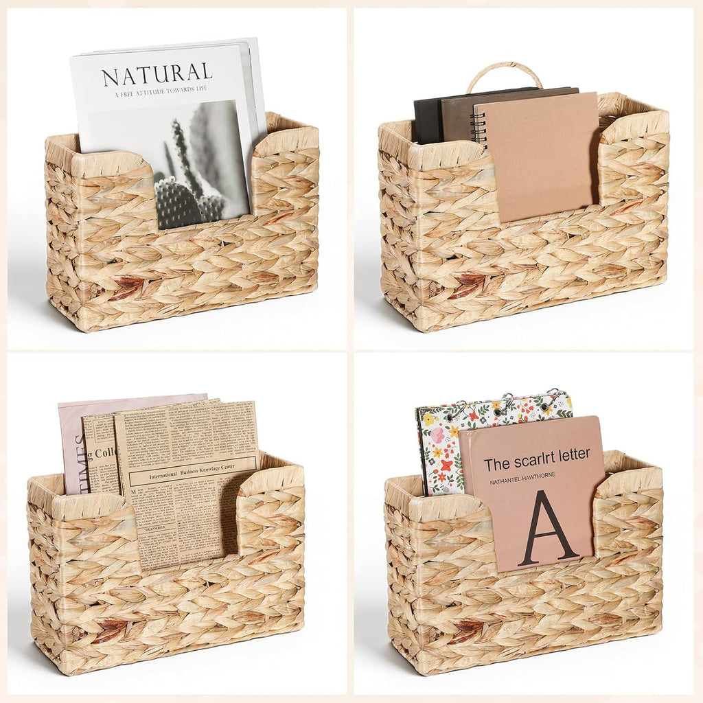 Woven Hanging Magazine Holder, Water Hyacinth Hanging Magazine Basket 11.8 x 4.3 x 7.9 Inch Wall Mounted Basket for Mail Woven Wall Magazines Rack with Handle for Home Office