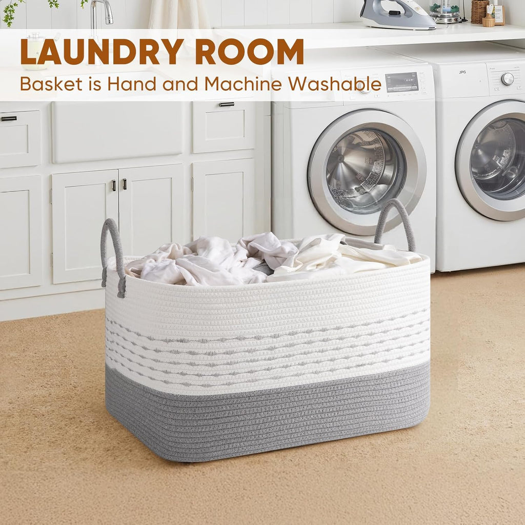 OIASKET 75L Large Cotton Rope Storage Basket, Soft Decorative Blanket Basket for Living Room & Bedroom, Boho Laundry Hamper with Handles Capable of Holding Pillows, Clothes and Toys-Grey & White