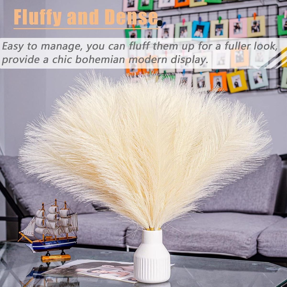 Faux Pampas Grass Decor - Artificial Pampas Grass, Black & Beige, 10 Count, Indoor, 17 Inch/45 Cm, Fluffy Pompas Floral Arrangement