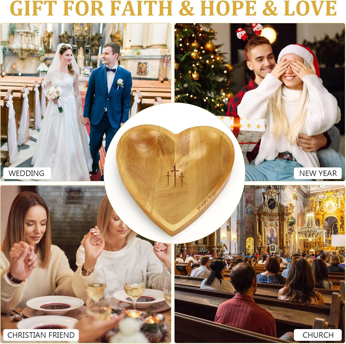 Prayer Bowl with 24 Blessing Cards Wooden Prayer Bowl Rustic Heart Shaped Decor Dough Bowls Christian Gifts for Mom Dad (Light)