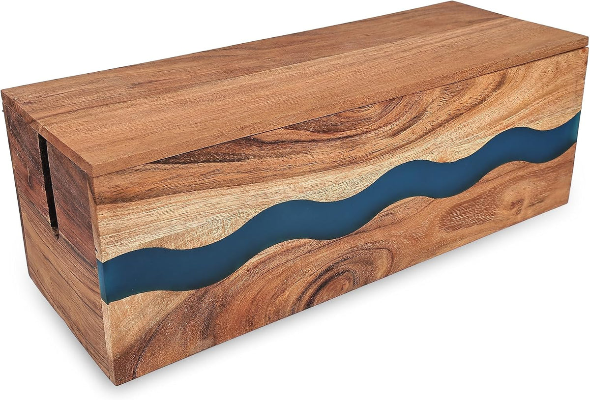 Acacia Wood & Epoxy Cable Management Box, 16X 6 X 5.5 Cable Hider Box, Cable Organizer Box Ideal for Under Desk Cable Management, Router Wires, Surge Protectors and adaptors | Turquoise