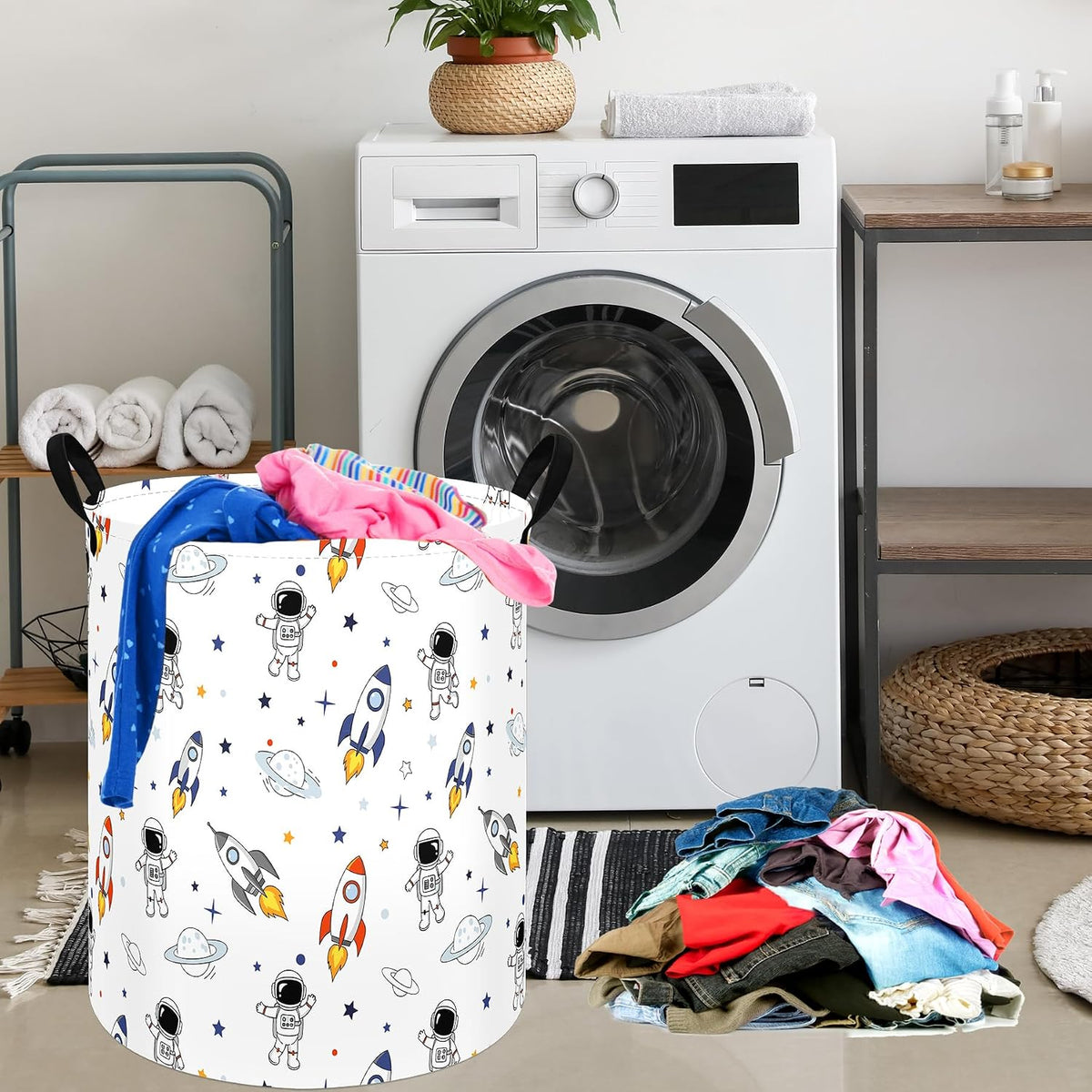 Space Laundry Hamper, Round Storage Basket with Handles, Foldable Cotton Linen Clothes Organizer Bin, Astronaut Rocket Planet Print for Bedroom, Nursery, College Dorm, Toy Storage