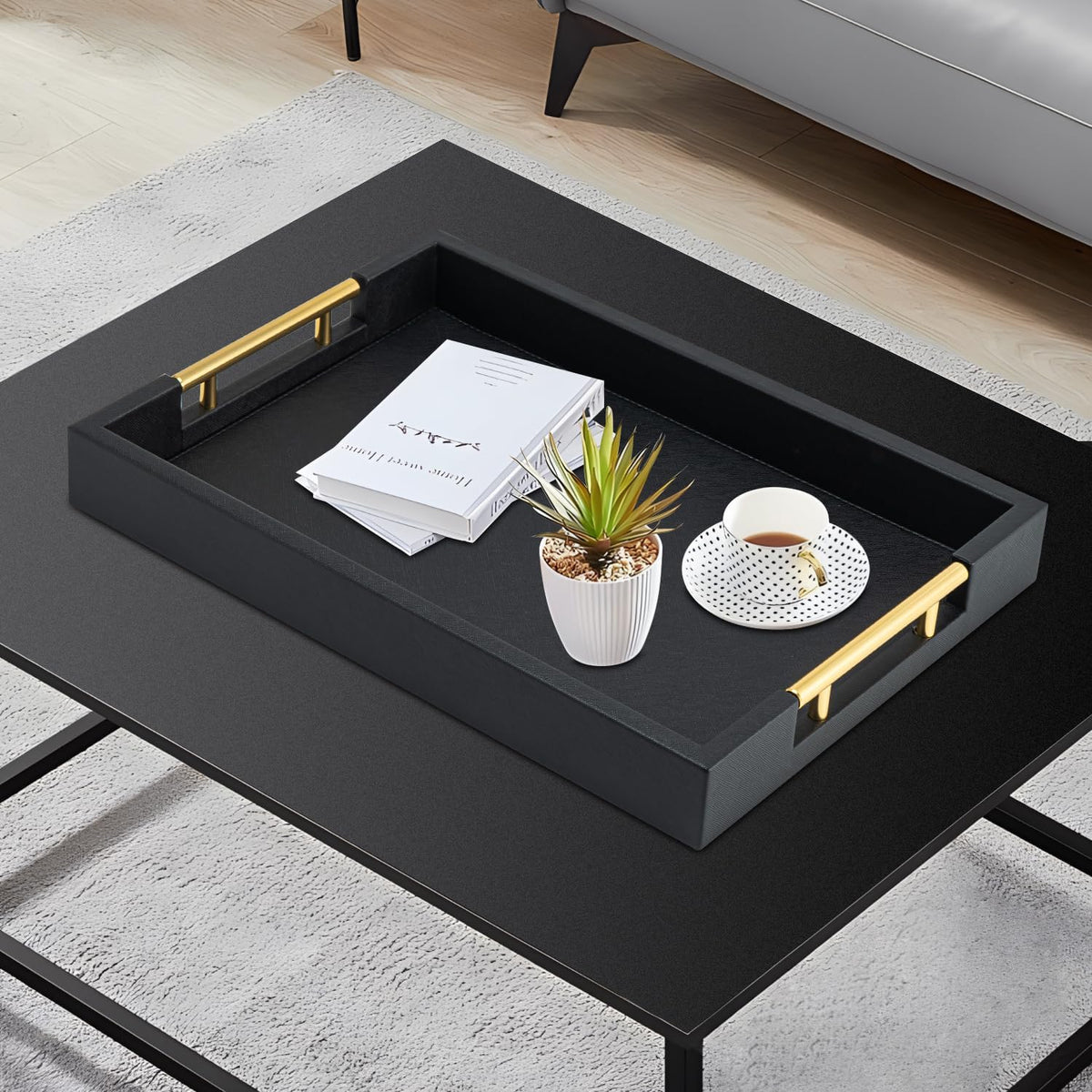 Black Rectangle Serving Tray with Gold Handles for Party,Large Wood Decorative Tray for Ottoman,Faux Leather Coffee Table Tray Decor