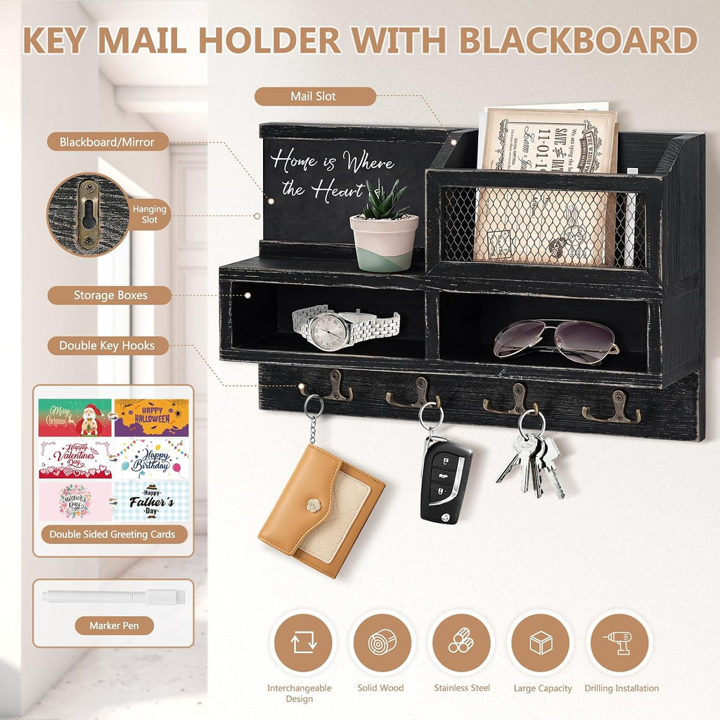 Key Holder Wall Mount, Wooden Mail and Key Organizer, Black