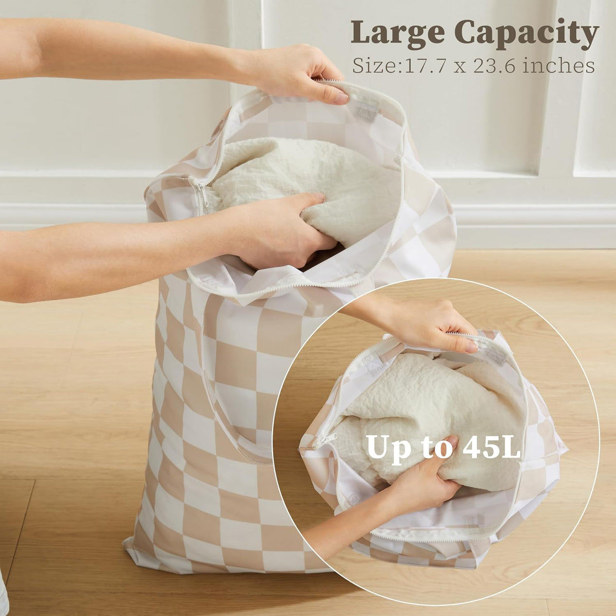 Ohocut Checkered 2 Pcs Large Travel Laundry Bags for Dirty Clothes, Aesthetic Trendy Waterproof Washable Laundry Bag with Handle for Travel, Gym, Swimming Pool, Beige