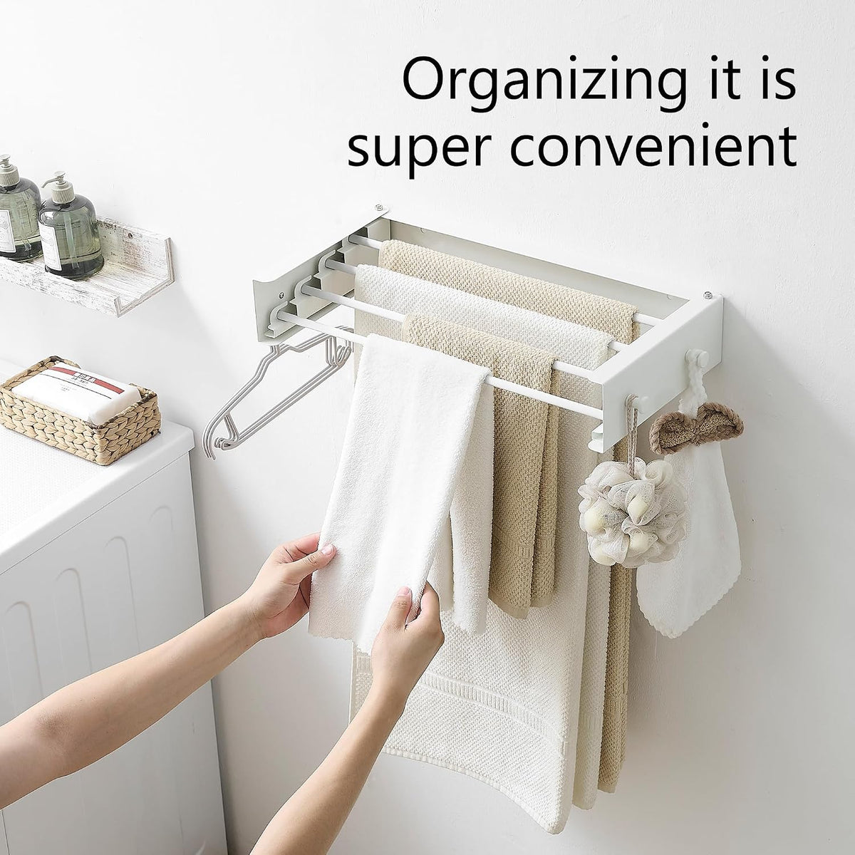 RFOUO Wall Mounted Clothes Drying Rack,White 19.7" with Hooks
