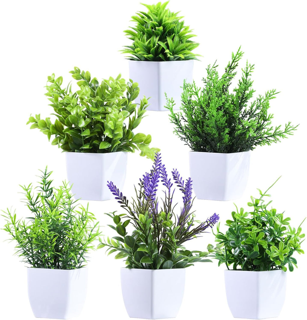 Clearain 6 Pack Small Fake Plants Mini Artificial Potted Plants for Table Desk Home Laundry Room Bathroom Office Decoration (White)