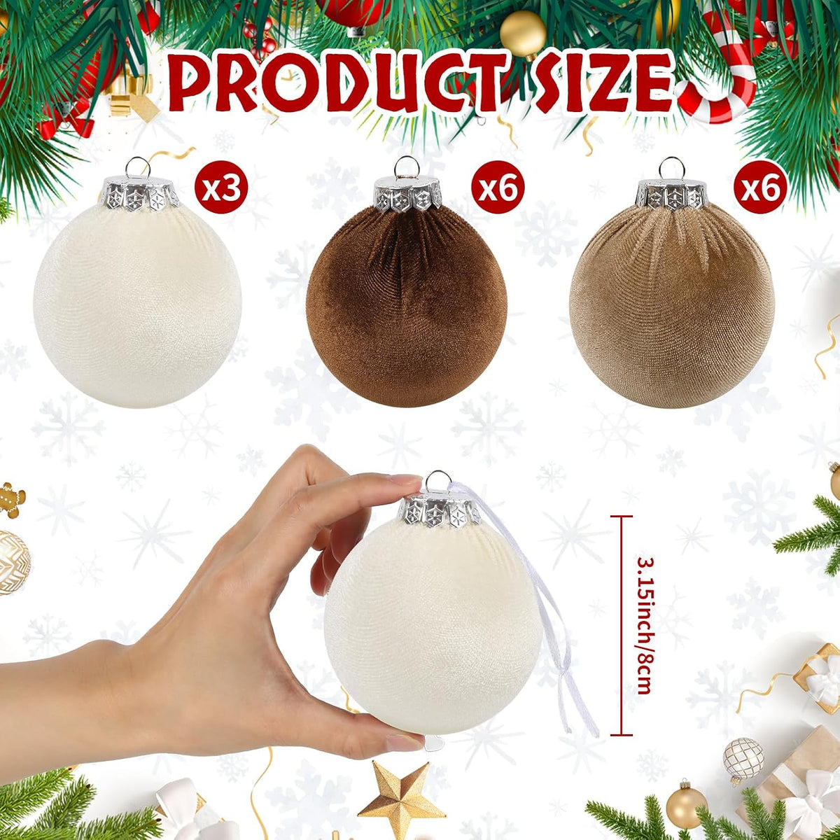 15PCS 3.15 inch Brown and Ivory Velvet Christmas Ball Ornaments Set