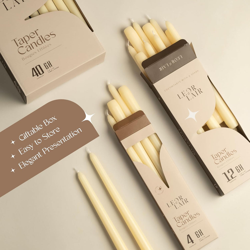 Leor & Lair Ivory Taper Candles, 12 Pack, 10" Unscented Ivory Candlesticks