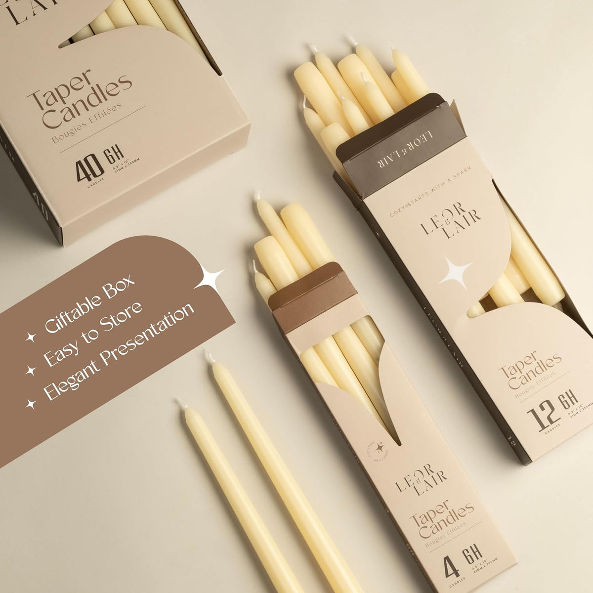 Leor & Lair Ivory Taper Candles, 12 Pack, 10" Unscented Ivory Candlesticks