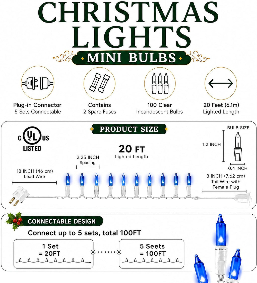 TW SHINE Christmas String Lights, 20FT 100 Count Incandescent White Wire Christmas Mini Lights, Waterproof Xmas String Lights for Outdoor Indoor Home Party Yard Decorations, Blue