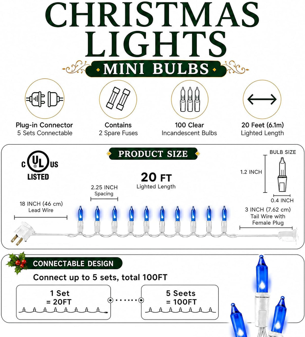 TW SHINE Christmas String Lights, 20FT 100 Count Incandescent White Wire Christmas Mini Lights, Waterproof Xmas String Lights for Outdoor Indoor Home Party Yard Decorations, Blue