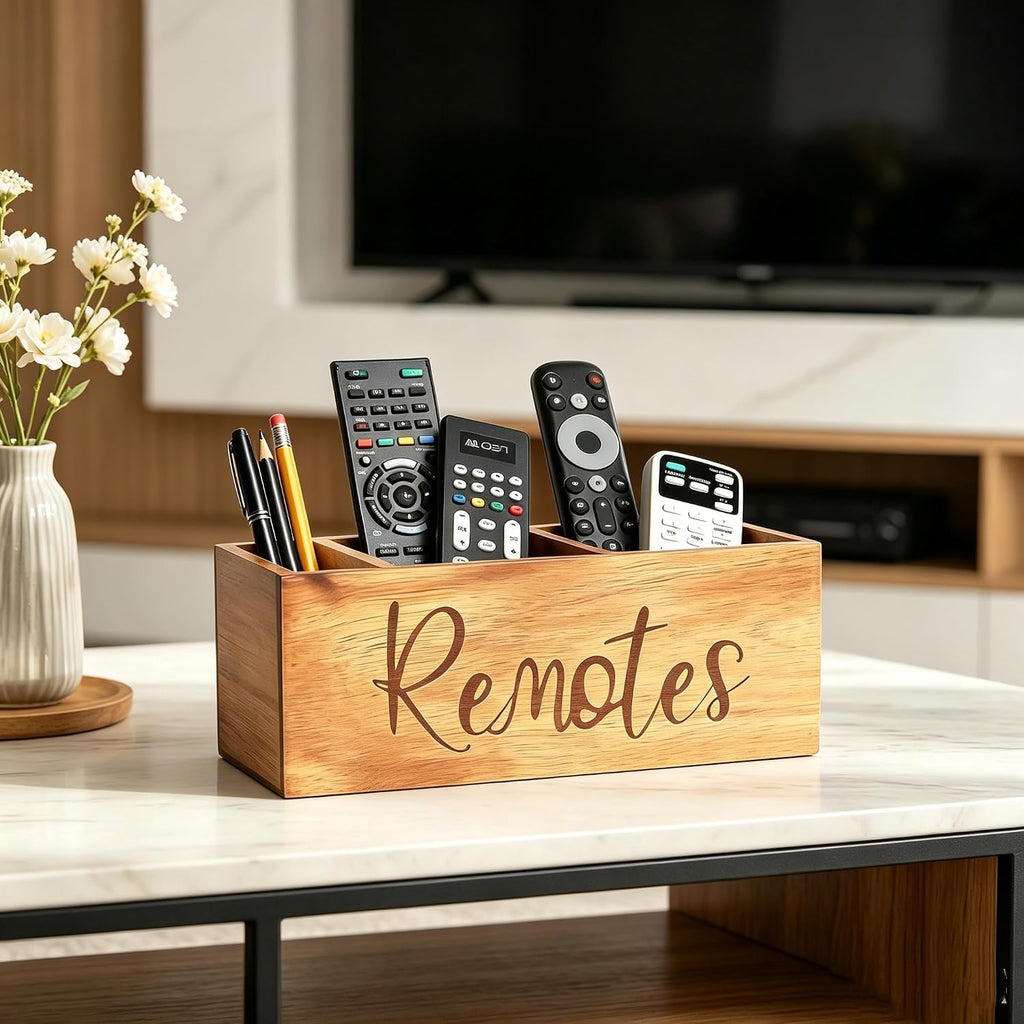 Remote Control Holder, Farmhouse Wood TV Organizer for Table, Wooden Remote Control Organizer, Remote Storage Caddy, Remote Control Organizer (Brown, 9.8 Inch Labeled Remote)