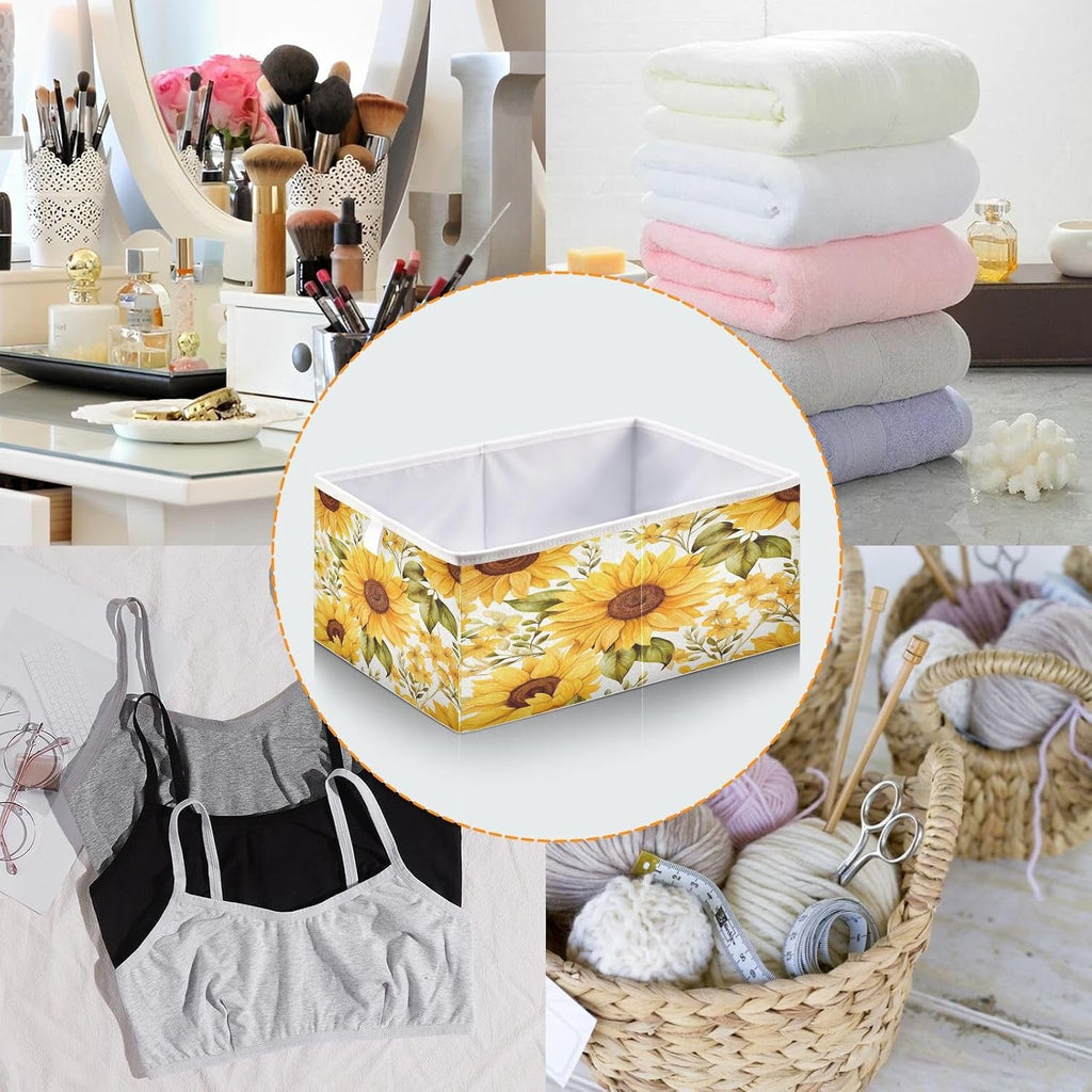 Yellow Sunflower Cube Storage Bins 15.75x10.63x6.96 inch Collapsible Fabric Storage Baskets , Large Toy Clothes Organizer Box for Bedroom, Living Room, Study Room