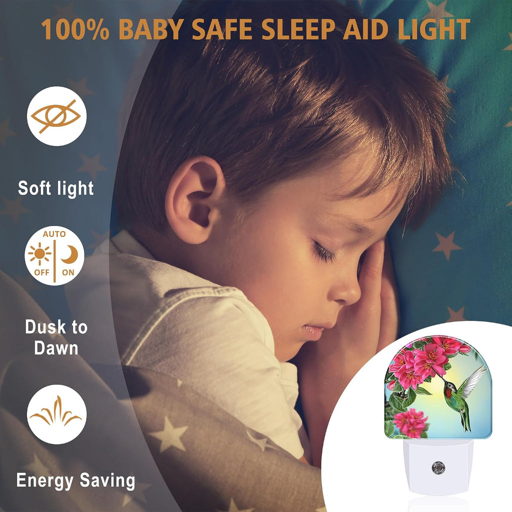 Night Lights Plug into Wall, Hummingbird with Flowers Night Light with Dusk to Dawn Smart Sensor for Bedroom Bathroom Hallway Kitchen, Led Nightlights for Boys Girls Women Men
