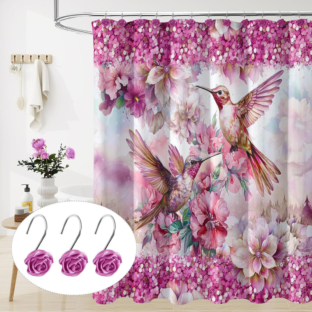 Cute Rose Floral Shower Curtain Hooks Rings for Bathroom,Burgundy 12PCS