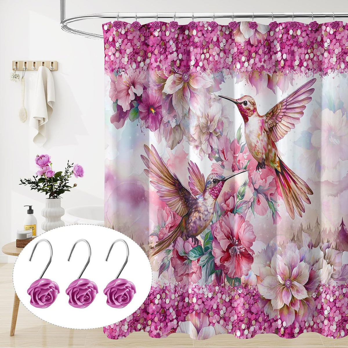 Cute Rose Floral Shower Curtain Hooks Rings for Bathroom,Burgundy 12PCS