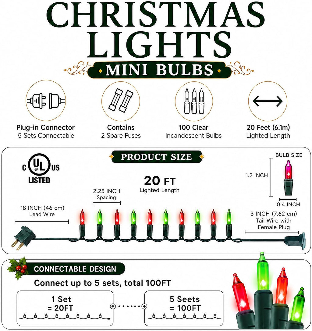 TW SHINE Christmas Mini String Lights, 20FT 100 Count Incandescent Mini Christmas Tree Lights, Waterproof Xmas String Lights for Outdoor Indoor Home Party Yard Decorations, Red and Green