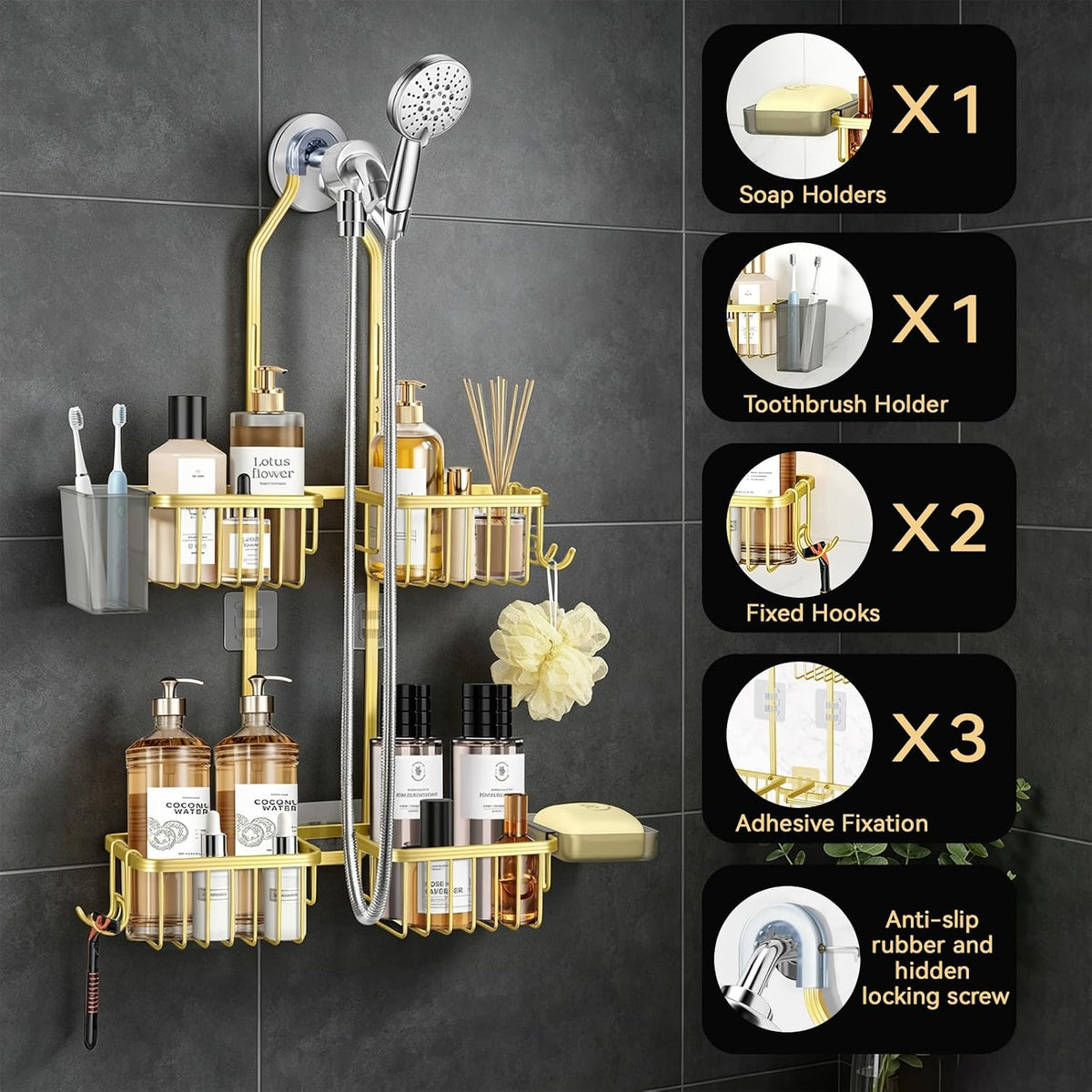 Adjustable Hanging Shower Caddy for Handheld Showerhead, Rustproof Aluminum Over Shower Head Organizer, Renter-Friendly No-Swing Storage for Tall Bottles & Soap, 2-Tier, Gold