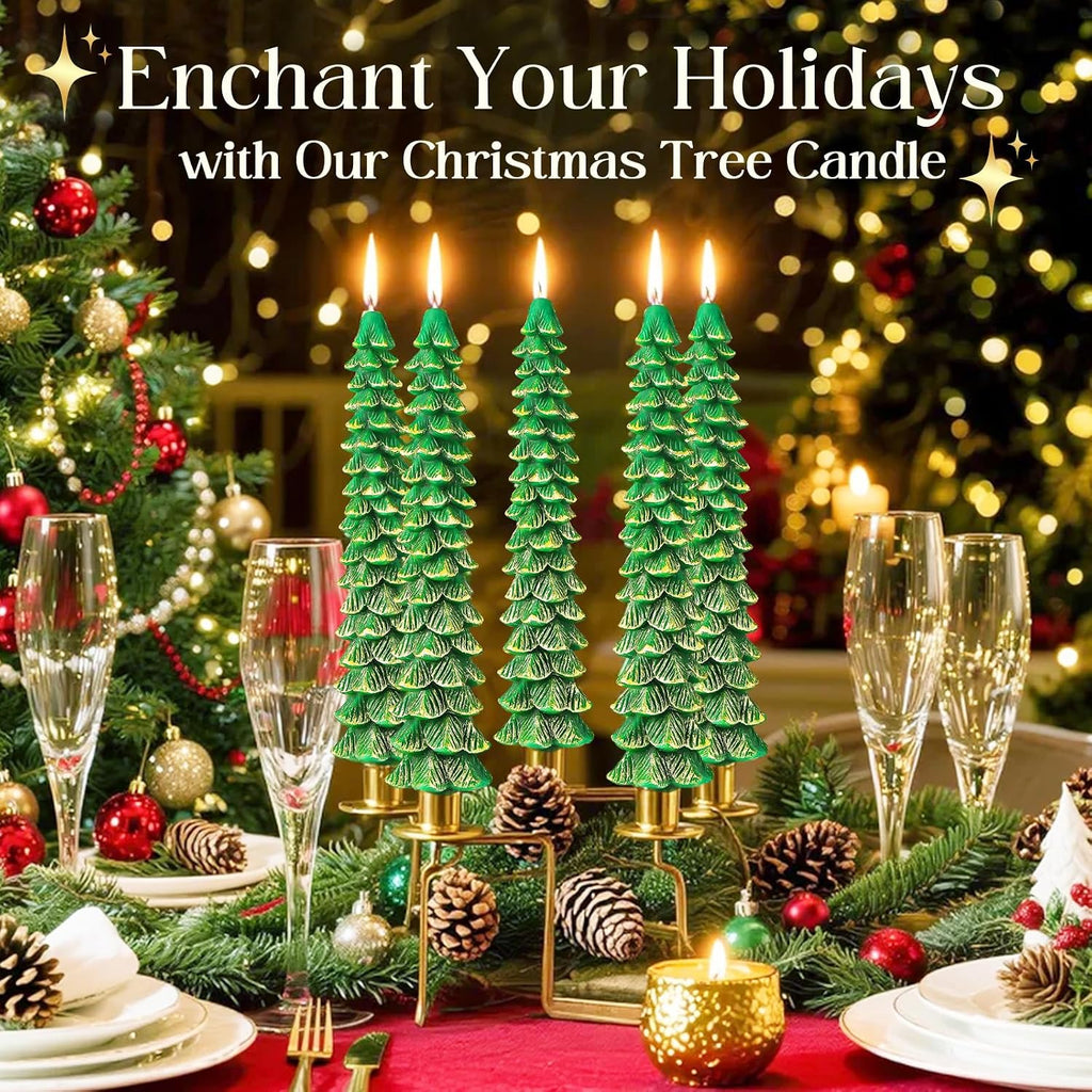 2 Pcs 10 Inch Christmas Tree Candles, Premium Natural Unscented Beeswax Christmas Tree Shaped Taper Candles with Cotton Wick, for Xmas Holiday Decor Party Banquet (Green with Gold Trim)