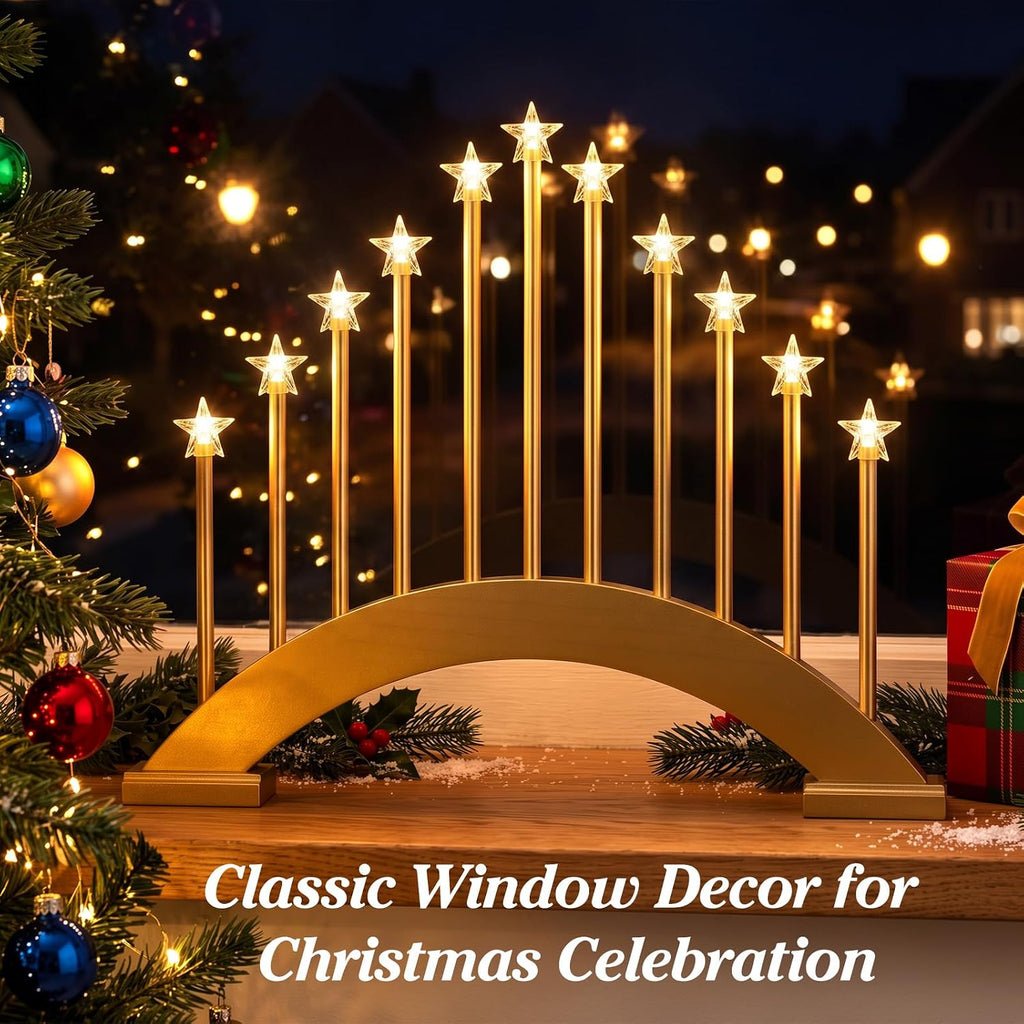 Lewondr Christmas Swedish Candelabra, 11 Flameless Taper Candles, Gold
