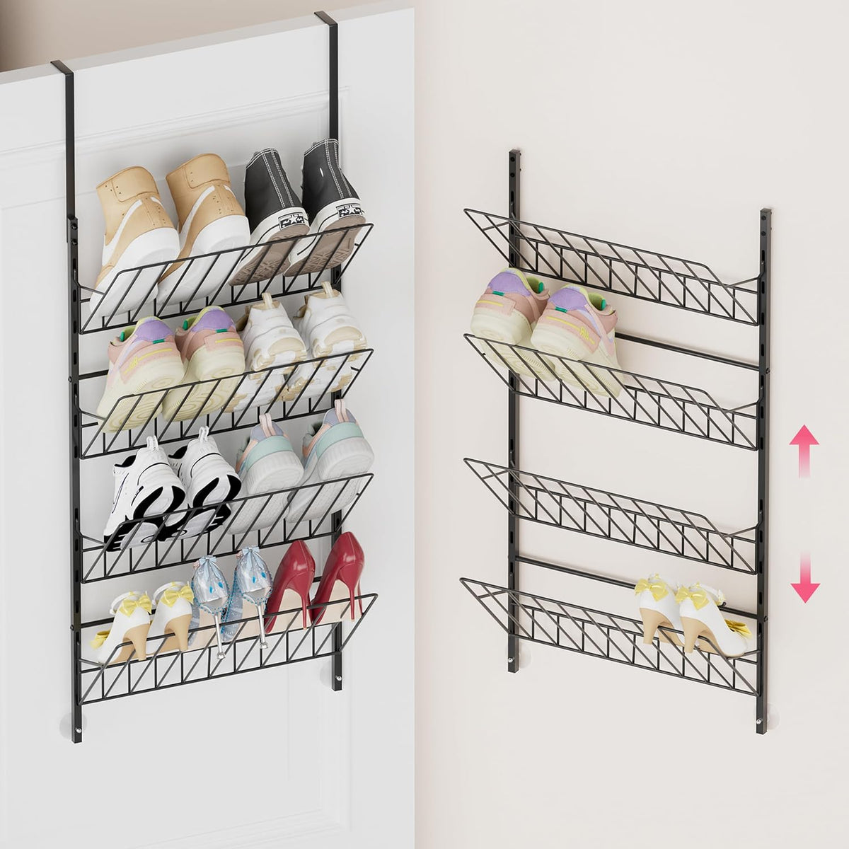 SWTYMIKI Over the Door Shoe Organizer - Adjustable 4 Tier Hanging Shoe Rack Organizer, Metal Heavy Duty Behind Door Storage or Wall Mount Shoes Shelf for Flats, Heels, Sneakers, Boots Black