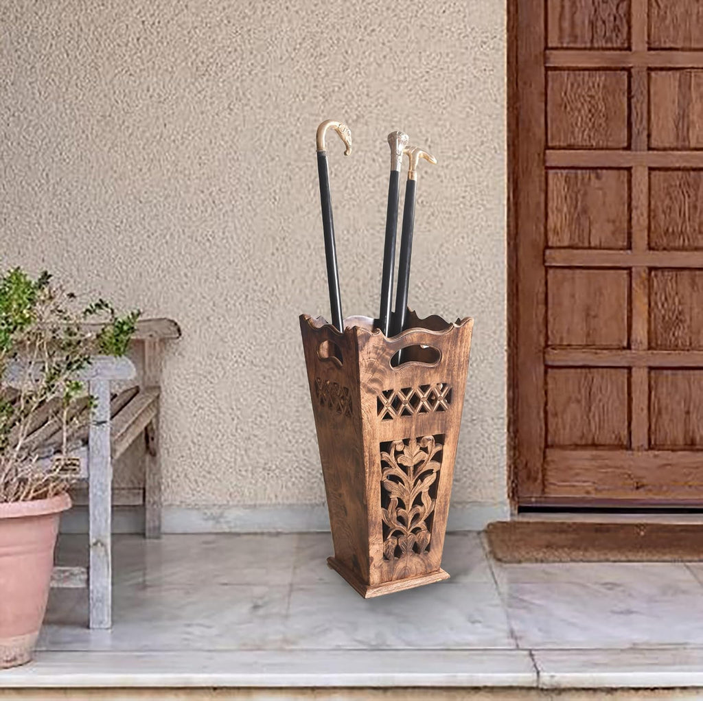 Antique Wooden Umbrella Stand & Walking Cane Holder for Home, Office & Entryway | Hand-Carved Solid Wood Umbrella & Cane Storage Rack | Size 21.5 x 8 x 8 in, Base 7.5 x 7.5 inches