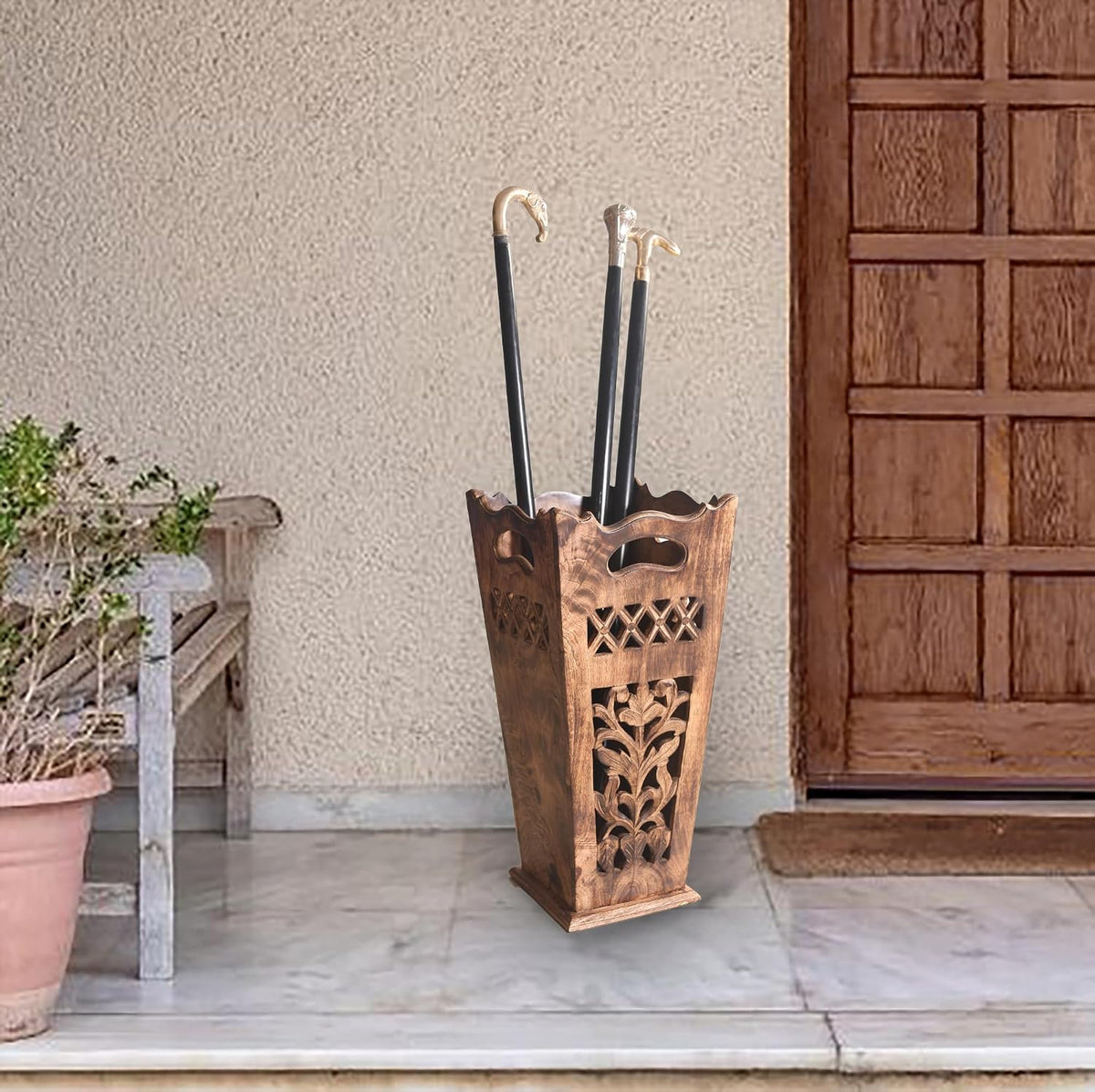 Antique Wooden Umbrella Stand & Walking Cane Holder for Home, Office & Entryway | Hand-Carved Solid Wood Umbrella & Cane Storage Rack | Size 21.5 x 8 x 8 in, Base 7.5 x 7.5 inches