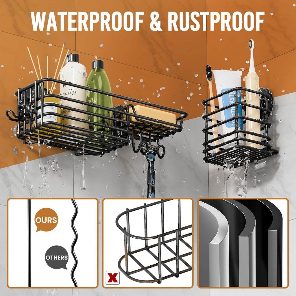 LEVERLOC Shower Caddy Suction Cup, 3 Pack Black Shower Shelf With Hook