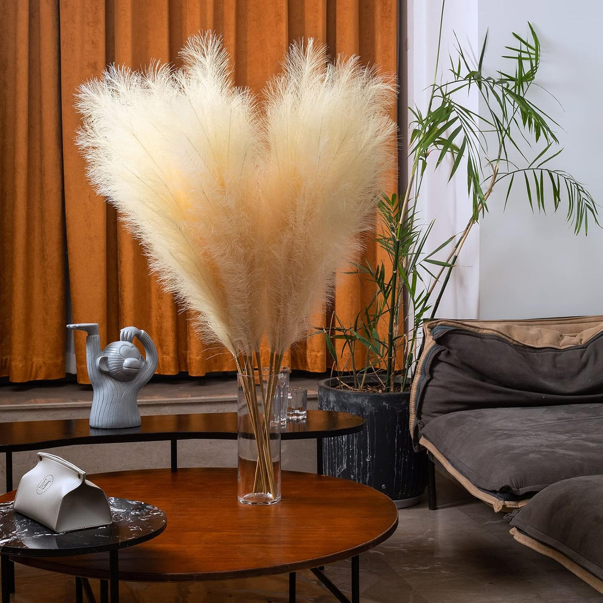 Faux Pampas Grass 6 Stems, Artificial Pampas Grass - 43 inch Total Extra Large Pompass Grass Tall Pompous Boho Flower Arrangement and Floor Vase Filler Home Decor for Room Wedding Party