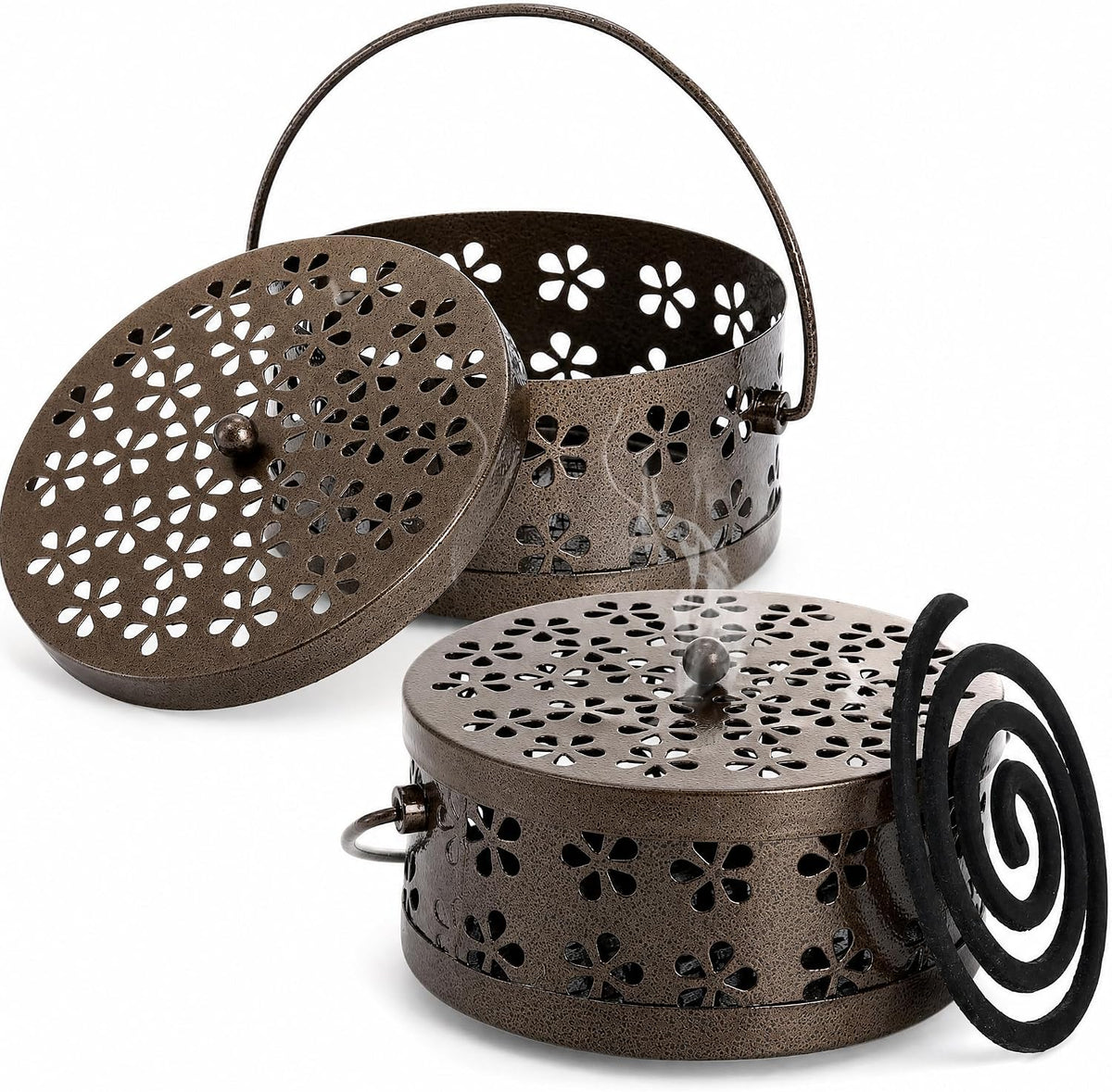 ZENFUN 2 Pack Iron Coil Holders with Lid and Handle, Bronze Incense Coil Burner with Lid, Retro Portable Coil Holder for Camp Use, Indoor, Outdoor, Fireproof, 5.7 Inches Diameter