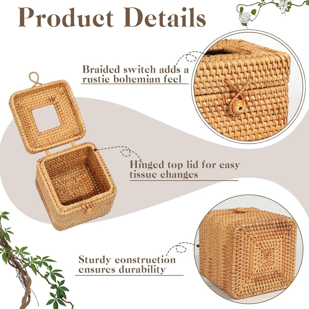 2 Pcs Rattan Tissue Box Cover 5.7" x 5.7" x 5.7"Rattan Square Tissue Box Cover Decorative Woven Facial Tissue Holder with Hinged Top Lid for Home Office Desk Living Room Bathroom Dec